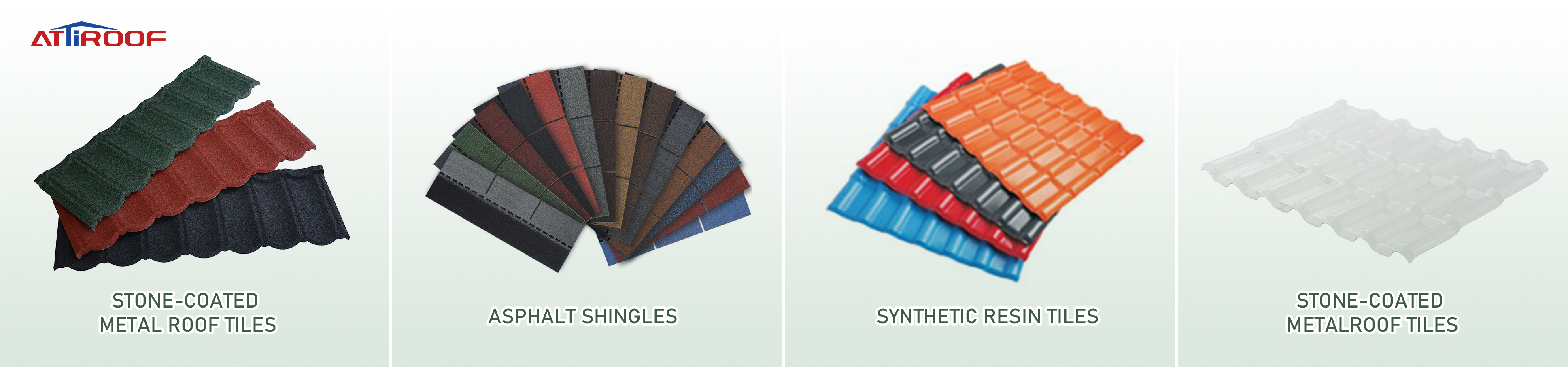 Различные виды черепицы для крыш: металлическая черепица с каменным покрытием, битумная черепица и черепица из синтетической смолы.